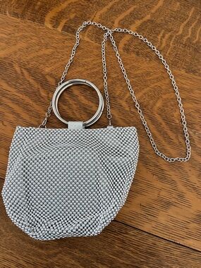 Silver Mesh Evening Crossbody Bag with Ring Handle
